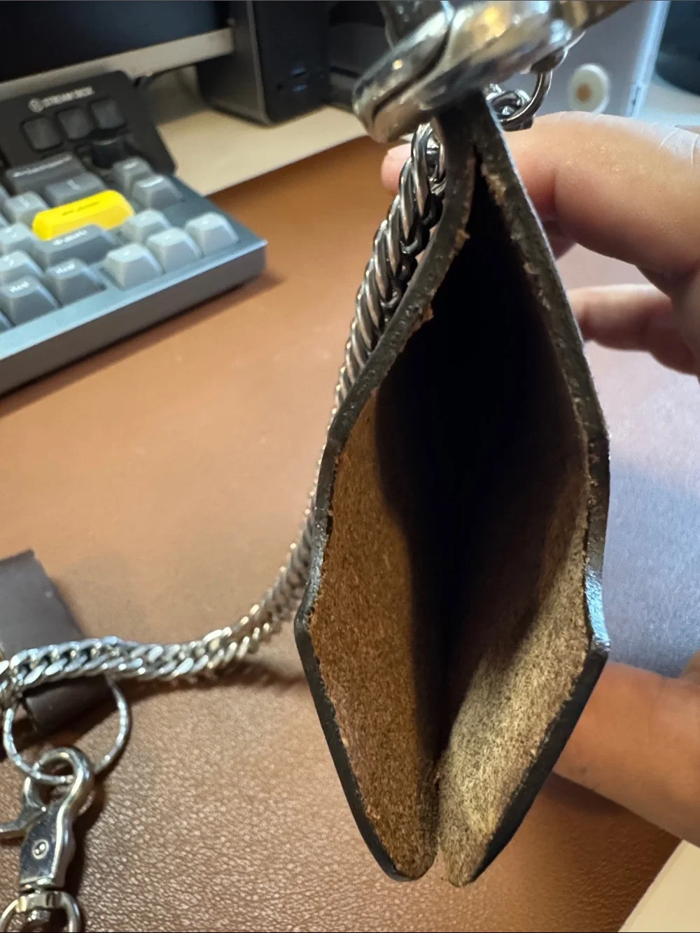 Leather Card Holder with Chain - Dark Brown